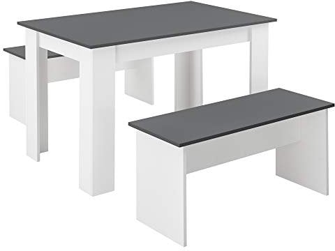 [en.casa] Tisch- und Bank Set 3 teilig Essgruppe für 4 Tisch 110 x 70 cm mit 2 Bänken Tischgruppe Sitzgruppe Weiß/Grau