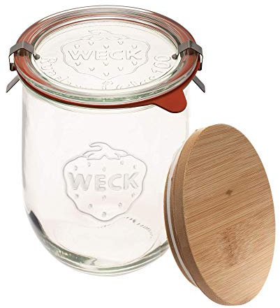 Weck Jars - 35.9 fl. oz Weck Tulip Jars 1 Liter - Sour Dough Starter Jars - Large Glass Jars for Sourdough - Suitable for Canning and Storage - (1 Jar, Glass Lid & Wooden Lid)