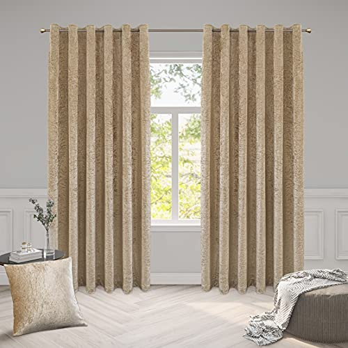 ROOEE Luxury Crushed Velvet Curtains PAIR Fully Lined Eyelet Ring Top For Bedroom, Living Room, Kitchen, Office (Champagne Gold, 46 Wide x 72 Drop)