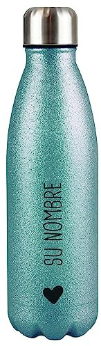 Glitzer-Trinkflasche aus Edelstahl selbst gestalten mit Name & Herz Symbol - Thermosflasche Glitzer, Wasserflasche BPA-frei für Reise, Schule und Sport I Personalisiertes Geschenk - Türkis 500 ml