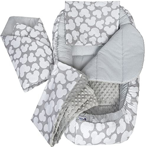 Medi Partners 5 teilig Babynestchen Set Babynest 100x60x15 herausnehmbarer Einsatz Bett Kuschelnest Krabbeldecke Babys Neugeborene 100% Baumwolle (Miki mit Grauen Minky)