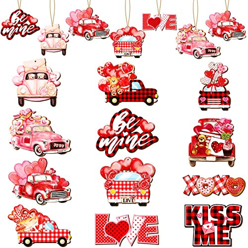 36 Stück Valentinstag Rot Truck Holzornamente, Love Kiss Me Be Mine Xoxo Hängende Holzdekor Rot Pickup Truck Dekorationen für Liebe Baum Valentinstag Hochzeit Dekoration mit Juteseil