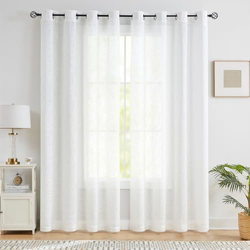 Treatmentex Leinen Gardinen mit Ösen 140cm Breite Slub-Textur Halbtransparent Ösenvorhang Gardinen Weiss Leinenoptik Lichtdurchlässig Vorhänge für Schlafzimmer Bauernhaus Wohnzimmer-2 Stücke,140x180CM