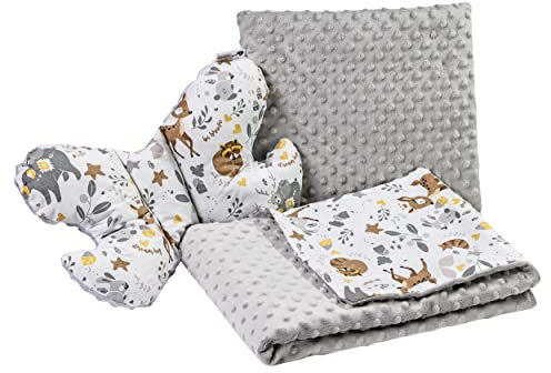 Medi Partners Babydecke Krabbeldecke Set 3in1 100% Baumwolle Minky Kinderdecke 55x75 + 35x30cm flaches Kissen und Anti-Schock-Kissen Schmetterling (REH mit grauem Minky)
