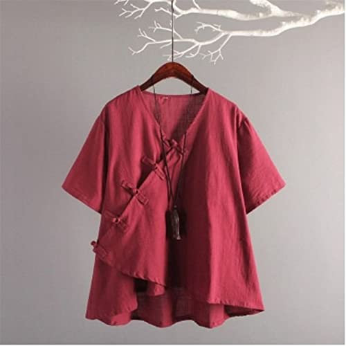 Vêtements chinois traditionnels Femmes Hanfu Chemise de linge Top oriental Yoga Ensembles Blouse Lâche Pantalon de jambe large Pantalon Kung Fu Uniforme ( Color : Short sleeve Top2 , Size : One Size )