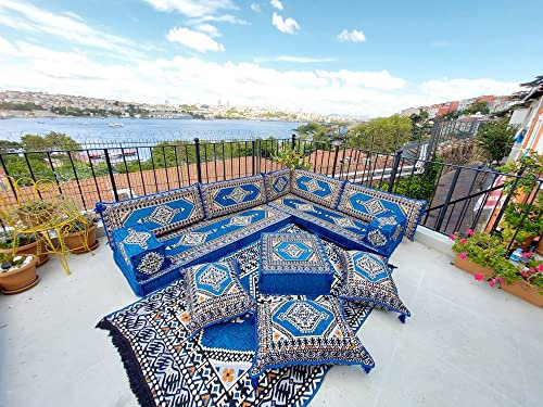 L Shaped Sectional Sofas, Royal Blue Arabic Sofa Set, Terrace Pallet Sofa, Floor Cushions, Arabic Majlis, Pouffs, Turkish Floor Seating Set (L Sofa Full Set)