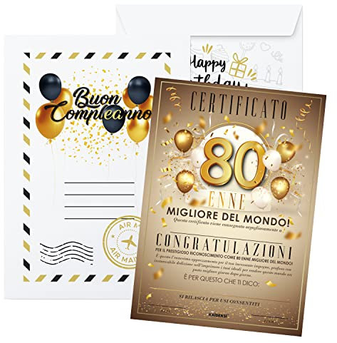 KAÏDENSÏ Idea Regalo Uomo 80 Anni - Certificato 80 Enne Migliore del Mondo - Biglietto Auguri Originale - Idee Regali Compleanno Originali per Lui e Lei - Gadget Scherzi Biglietti Divertenti