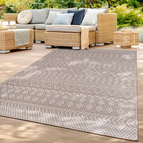 TT Home In-& Outdoor Teppich Wetterfest Balkon Küche Wohnzimmer Boho Rauten Design, Farbe: Beige 3, Größe:150 cm Quadrat