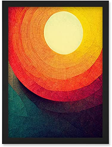 Wee Blue Coo Abstract Sunrise Sunset Sunshine Retro Style Yellow Orange Cream Teal Artwork Framed Wall Art Print A4