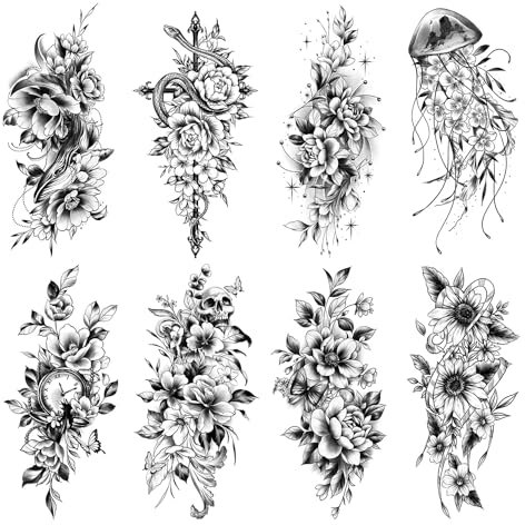 Acevegue Tatouage Ephemere Femme, 10 Feuilles Fleurs de Bras Autocollant Tatouage Jambes Pivoine Rose, Imperméable 3D Pivoine Serpent Faux Tatouage Dames Esquisse