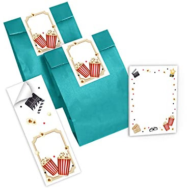 12 Mini-Notizblöcke + 12 Geschenktüten (Petrol) + 12 Aufkleber Kino Kino-Party Mitgebsel Gastgeschenk beim Kindergeburtstag Jungen Mädchen