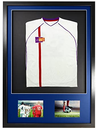 Vivarti DIY Infant 3D Mounted + Double Aperture Sports Shirt Display Frame for Football Shirt, Rugby Shirt, Band T-Shirt Shadow Box - 50x 70cm - Black Frame, Blue Mount, Black Backing Card
