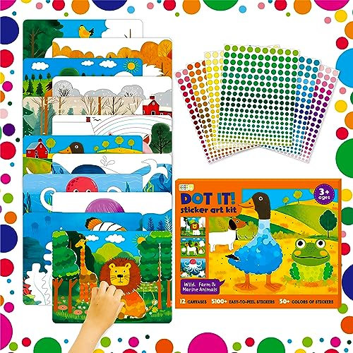 Hebayy Dot It Stickerkunst-Aktivität, 6 doppelseitige Leinwände (12 Szenen) mit wilden/meerischen/bauernhof Tieren und 5180 bunten Stickern, Dot-Malsticker für Jungen & Mädchen DIY-Aktivitätsset