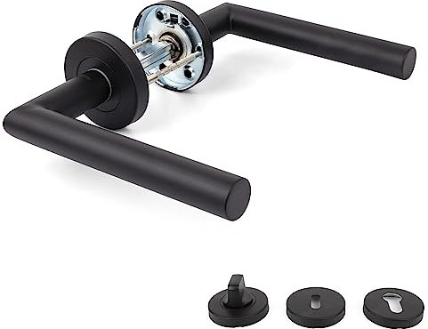 APECS Door Handles Round Rosette for Front Door and Room Doors Handle Set Stainless Steel 201 Black Matt Door Handles for Interior Doors Door Fitting Rosette Set L-Model H-0204-BLM