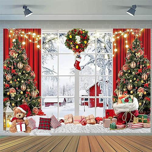 1.8x1.2m Foto Hintergrund Weihnachten Winter Fenster Xmas Baum Geschenke Schnee Szene Fotografie Hintergrund Familie Kinder Fotoshooting Urlaub Neujahr Party Dekorationen Banner Fotostudio Requisiten