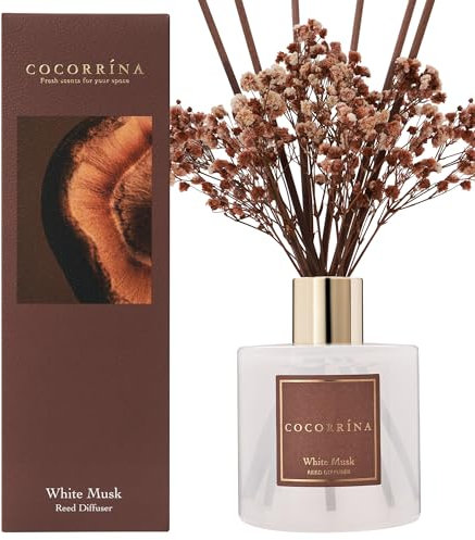 COCORRÍNA Raumduft Reed Diffuser mit 8 Duftstäbchen 200ml- Weißer Moschus, Natürlich, Langanhaltend, Home Duft ätherisches Öl Reed Diffusor für Badezimmer Regal Dekoration