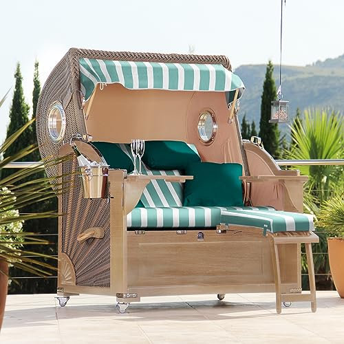 DERKORB Strandkorb 2,5 Sitzer Ostsee Classic mit Bullauge XXL Volllieger in Teak, fertig montiert mit Rollen & Premium Schutzhülle… (Aquatürkis)