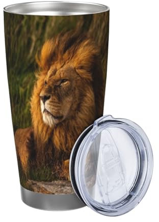 ZaKhs Thermobecher mit Löwen-Motiv, 590 ml, mit Deckel und Strohhalm, Kaffeebecher, Edelstahl, Reisebecher für Damen und Herren