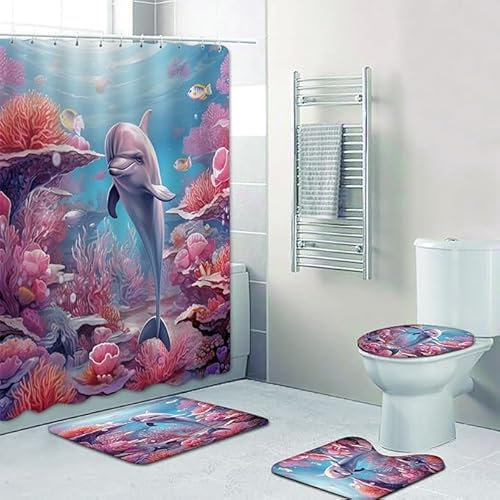 NEWSUYAA Seas and Oceans Shower Curtains with Bath Rugs Bathroom Sets,4 Pcs Dolphin Coral Bath Decor Non-Slip Mat Toilet Seat Cover and Hooks, Marineland Pink Waterproof Shower Curtains (Violet)