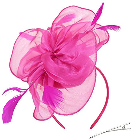 DRESHOW Damen Fascinators Hut Cocktail Party Tee Kopfbedeckung Blume Mesh Organza Bänder Federn auf Einem Stirnband