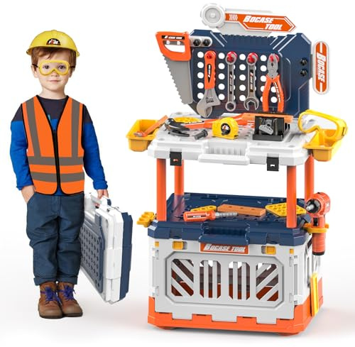Kids Tool Bench - Toy Workbench with Storage Box,4 in 1 Kids Tool Set with Electric Drill Toy Tool Accessories 90pcs Pretend Play Construction Toy Educational Gift for Kids 3-5,4-8