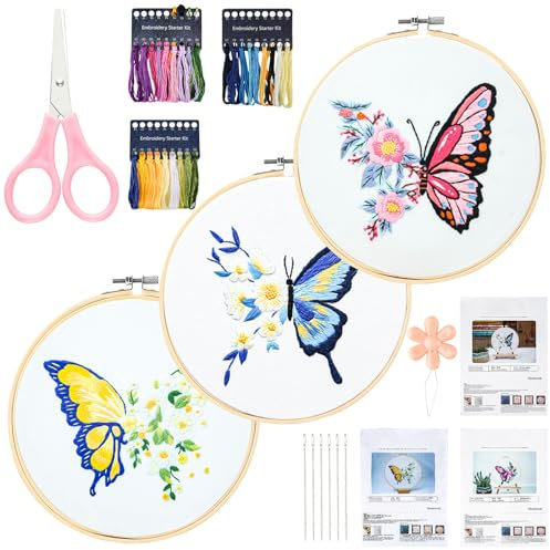 3 Stück Stickerei Anfänger, Schmetterling Sticken Set für Anfänger, Stickerei Set mit Stickrahmen, Bestickten Stoff, Farbfäden und Werkzeuge Kit, Stickset für Anfänger DIY Kreuzstich Handwerk Nähen