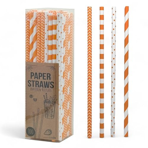 MIJOMA Papier-Trinkhalme, Umweltfreundliche Papierstrohhalme für Kindergeburtstag, Hochzeit, Babytaufe, Party - Biologisch abbaubar (Orange - Punkte & Streifen, 100 Stück)