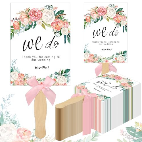 Qunclay 50 Pcs Wedding Hand Fans with Bow for Guest Floral Greenery Hand Held Wedding Fans with Wooden Sticks Paper Fans Bulk Handheld Fan Bulk for Wedding Favors Bridal Shower Partiesfan Bulk