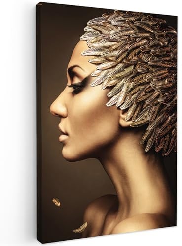 MuchoWow© Bilder Wohnzimmer Deko Modern Wandbild Foto auf Leinwand Bild | 60x90 cm - Schlafzimmer über Bett Room Decor Geschenke Frau - Federn - Gold - Porträt - Luxus