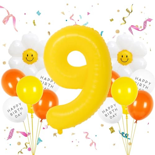 VUCDXOP Geburtstagsdeko Mädchen 9 Jahr, 9 Jahr Gelb Geburtstag Deko, Luftballon 9. Geburtstag, Geburtstag deko 9 Jahre Jungen, Folienzahlen Ballons, Riesen Folienballon Zahl 9 für Geburtstag Party