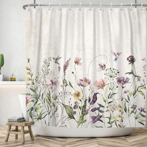 ASDCXZ Blumen Duschvorhang 180x180 cm, Vintage Beige Aquarell Rose Lila Gelb Blumen Grün Blätter Bunt Vogel Waschbar Duschvorhänge Polyester Textil Wasserdicht Duschvorhang für Badewanne mit 12 Haken