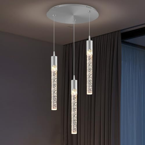 kaixunl 3-flammiger Mini-Chrom-Kristall-Kronleuchter, moderne LED-Pendelleuchte für Kücheninsel, verstellbare Hängeleuchte für Esszimmer, Schlafzimmer, dimmbar 2700 K, 4500 K, 6000 K