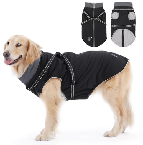 PETTOM Hundemantel Wasserdicht, Hundejacke mit Geschirr, Hundemantel Winter Warm Reflektierend, Wintermantel Hund Winterjacke, Hundemantel Fleece Grosse Hunde (Schwarz, 5XL)