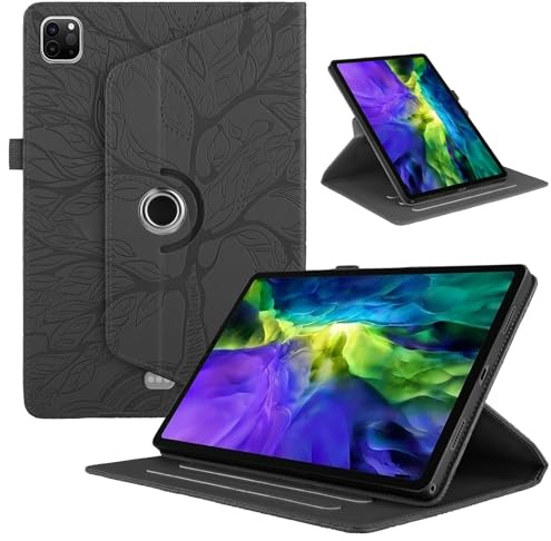 TEDTIKJT Rotatif Coque pour Tablette iPad Pro 13 2024 étui Housse Noir | PU Cuir 360°Rotatif Multi-Angle Stand Flip Étui Arbre de Vie Tablette Protection Coque, Bande élastique Fente Stylo