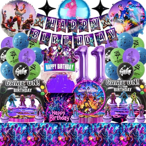 Fortnit Geburtstagsdeko Junge 11 Jahre, 95Stück Videospiel Deko Partygeschirr, Gaming Party Deko Kindergeburtstag, Geburtstag Luftballon Banner Tischdecke Teller Papiertuch Ect Thema Geburtstagsparty