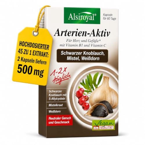 Alsiroyal Schwarzer Knoblauch · hochdosiert 22.500 mg pro Tag mit S-Allylcystein · 45:1 Extrakt · 3-fach-Formel schwarzer Knoblauch, Mistel, Weißdorn · vegan, ohne Zusatzstoffe
