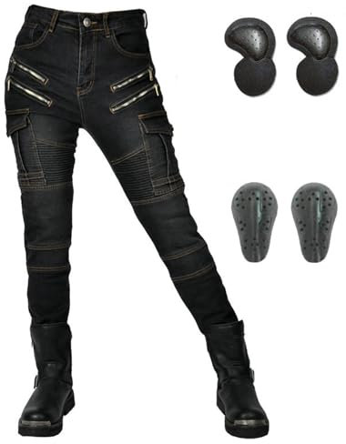 RCLONGEU Motorradhose Damen mit Protektoren, Klassisch Motorrad Hosen, für Winter und Sommer Geeignet (Schwarz,L)