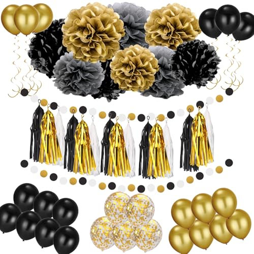 Party Deko set,Schwarz Gold Party Deko Set,DIY Pompoms Blumen, Quaste Girlande, Luftballons, Polka Dot Papier Girlande, Spiral Girlanden, für Party Geburtstag,Neujahr