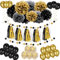 Party Deko set,Schwarz Gold Party Deko Set,DIY Pompoms Blumen, Quaste Girlande, Luftballons, Polka Dot Papier Girlande, Spiral Girlanden, für Party Geburtstag,Neujahr