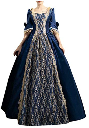 Robe Victorienne Reine Femme Robe Dentelle À Manche Longue De SoiréE Palais Vintage Grande Taille MéDiéVal RéTro Dress Maxi à Manches à Lacets Dress Cosplay DéGuisement Victorien (Navy-a, S)