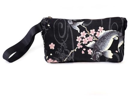 SUMI Japanische Clutch Handtäsche, vielseitige Damen-Handtasche, 24 x 17 cm, Reißverschluss, zwei Seiten: traditioneller japanischer Druck und einfarbige Rückseite. Robustes Innenfutter, Koi