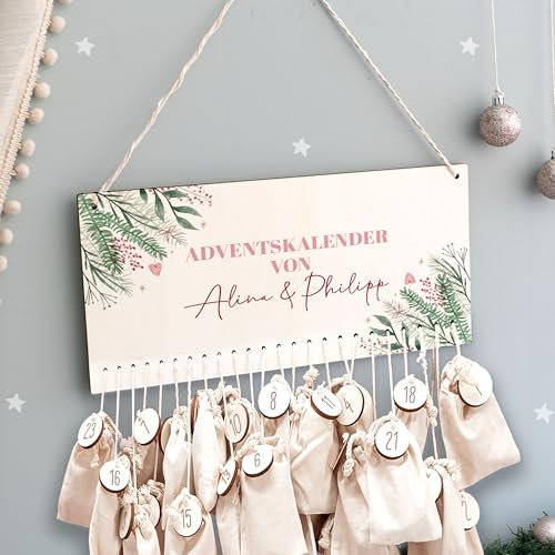 Adventskalender Personalisiert für Kinder | Advent Kalender zum befüllen aus Holz | Wandmontage Weihnachtskalender DIY mit Namen | hellomini (Zweige Paare)