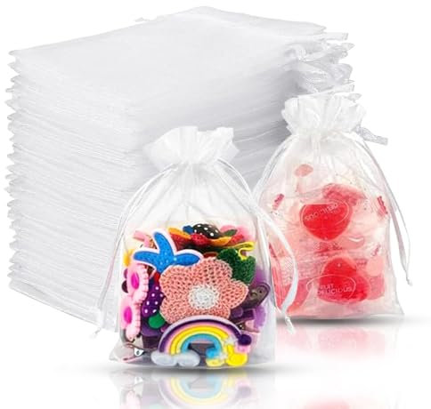 Organzasäckchen, 50 Stück 17 x 23 cm Geschenkbeutel Organza, Geschenk Schmuckbeutel, Organza Beutel mit Kordelzug Weiß Schmuckbeutel für Hochzeit Geburtstag Party Weihnachten