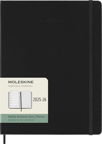 Moleskine Wochen-Notizkalender 2025-2026, 18-Monats-Wochenplaner mit Notizplatz, Harte Einband und Gummiband, XL 19 x 25 cm, Schwarz