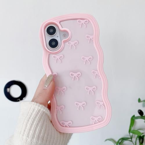 QLTYPRI Bow Case for iPhone 16 Plus, Clear Cute Ribbon Bow Phone Case Curly Wavy Aesthetic Phone Case, Slim Soft Transparent Shockproof Protective Cover for Women Girls - Pink