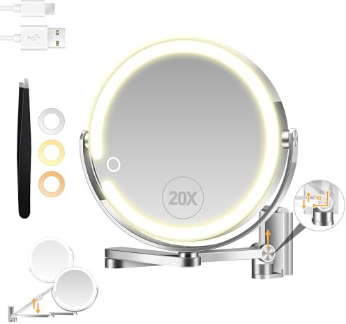 B Beauty Planet Wall Mounted Makeup Mirror, 1X/20X Double-Sided Magnifying Mirror with 3 Color Lights, 360° Foldable Extendable Arm Design for Shaving & Makeup, Height Adjustable for Bathroom, Silver