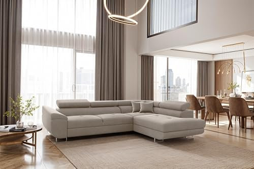 Kaiser Möbel - Ecksofa mit Schlaffunktion - Big Sofa - 275 x 202 cm - Relaxsofa, Verstellbare Kopfstützen, L Form, XXL, mit Bettkasten, Große Liegefläche 125x193 - Falio L Eckcouch Rechts, Kaltesbeige