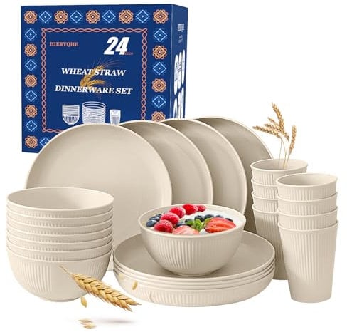 HIERYQHE 24pcs Wheat Straw Dinnerware Sets, Unbreakable Reusable Dinnerware Set for Outdoor/Kitchen, Outdoor Camping Cups Plates and Bowls Sets, Dishwasher Safe Wheat Straw Dinnerware Set for 8