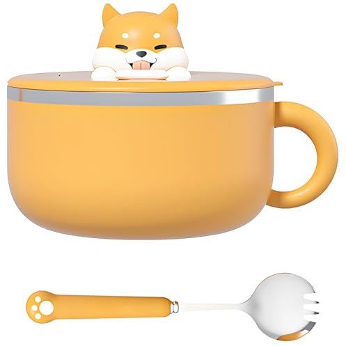 Shiba Inu Dog-Themed Instant Ramen Bowl, 40 Oz Stainless Steel Noodle Bowl with Phone Stand Lid & Spork