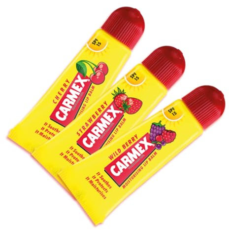 Carmex Fruity Trio Lip Balm Set – Cherry, Berry & Strawberry | SPF 15 for Sun Protection | Deeply Hydrating Lip Care for Dry Lips | Summer Essential | Travel-Friendly (Pack of 3)